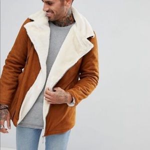 BoohooMan faux suede aviator jacket in tan